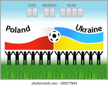Polish and ukrainian flags. Soccer background with fan silhouettes. Vector illustration.