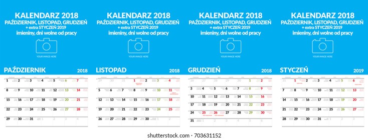 Polish vector wall calendar format A3 contains the name days and holidays. Four months October, November, December and January 2019. Other months in other files