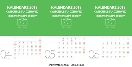 Polish vector wall calendar format A3 contains the name days and holidays. Three months April, May, June. Other months in other files