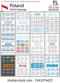 Polish vertical Big set of pocket calendars for 2022 (two thousand twenty two). Week starts Monday. New year. Color simple design. Vector