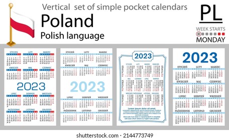Polish vertical pocket calendar for 2023 (two thousand twenty three). Week starts Monday. New year. Color simple design. Vector