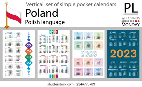 Polish vertical pocket calendar for 2023 (two thousand twenty three). Week starts Monday. New year. Color simple design. Vector