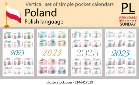 Polish vertical pocket calendar for 2023 (two thousand twenty three). Week starts Sunday. New year. Color simple design. Vector