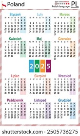 Polish vertical pocket calendar for 2025 (two thousand twenty five). Week starts Monday. New year. Color simple design. Vector