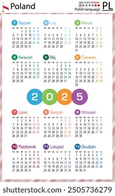 Polish vertical pocket calendar for 2025 (two thousand twenty five). Week starts Monday. New year. Color simple design. Vector