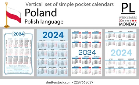 Polish vertical set of pocket calendar for 2024 (two thousand twenty four). Week starts Monday. New year. Color simple design. Vector