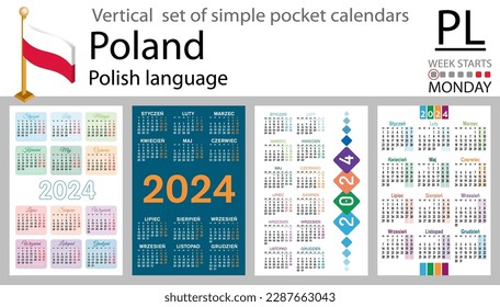 Polish vertical set of pocket calendar for 2024 (two thousand twenty four). Week starts Monday. New year. Color simple design. Vector