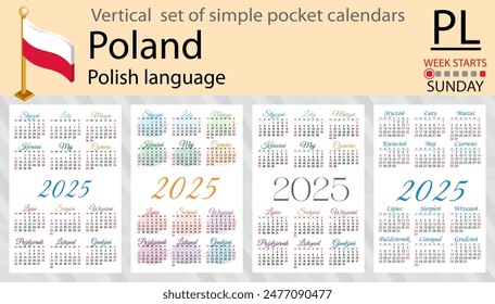 Polish vertical set of pocket calendar for 2025 (two thousand twenty five). Week starts Sunday. New year. Color simple design. Vector
