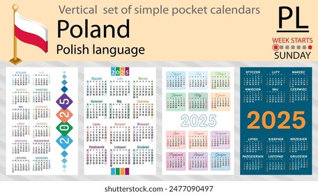 Vertical polaca conjunto de calendario de bolsillo para 2025 (dos mil veinticinco). La semana empieza el domingo. Nuevo año. Diseño de color simple. Vector