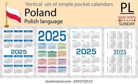 Polish vertical set of pocket calendar for 2025 (two thousand twenty five). Week starts Sunday. New year. Color simple design. Vector