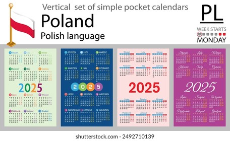 Polish vertical set of pocket calendar for 2025 (two thousand twenty five). Week starts Monday. New year. Color simple design. Vector