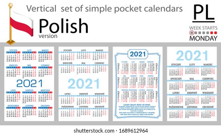 Polish vertical set of pocket calendars for 2020 (two thousand twenty one). Week starts Monday. New year. Color simple design. Vector