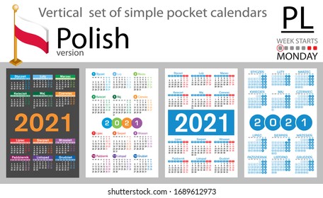 Polish vertical set of pocket calendars for 2020 (two thousand twenty one). Week starts Monday. New year. Color simple design. Vector
