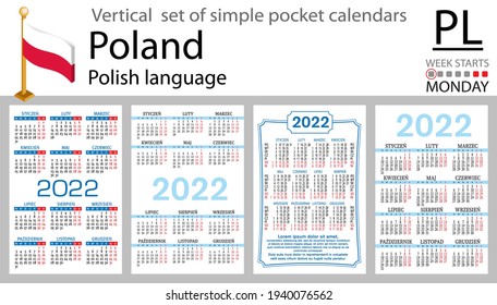 Polish vertical set of pocket calendars for 2022 (two thousand twenty two). Week starts Monday. New year. Color simple design. Vector