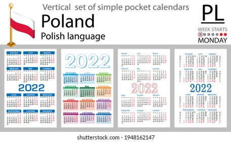 Polish vertical set of pocket calendars for 2022 (two thousand twenty two). Week starts Monday. New year. Color simple design. Vector