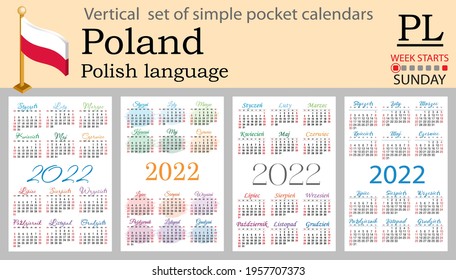 Polish vertical set of pocket calendars for 2022 (two thousand twenty two). Week starts Sunday. New year. Color simple design. Vector
