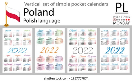 Polish vertical set of pocket calendars for 2022 (two thousand twenty two). Week starts Monday. New year. Color simple design. Vector