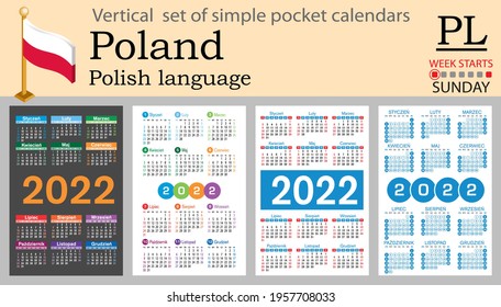 Polish vertical set of pocket calendars for 2022 (two thousand twenty two). Week starts Sunday. New year. Color simple design. Vector