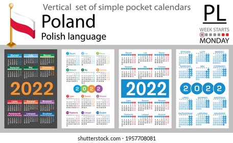 Polish vertical set of pocket calendars for 2022 (two thousand twenty two). Week starts Monday. New year. Color simple design. Vector