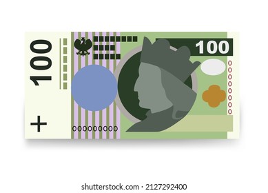 Polnische Zloty-Vektorgrafik. Polen hat Geldpakete für Banknoten zusammengestellt. Papiergeld 100 PLN. Flacher Stil. Einzeln auf weißem Hintergrund. Einfaches minimales Design.