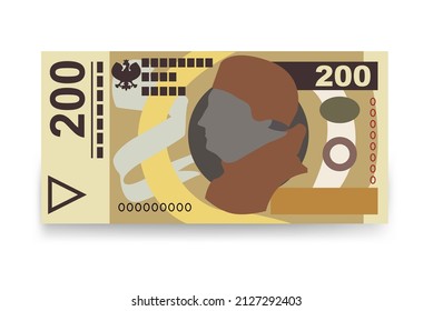 Polnische Zloty-Vektorgrafik. Polen hat Geldpakete für Banknoten zusammengestellt. Papiergeld 200 PLN. Flacher Stil. Einzeln auf weißem Hintergrund. Einfaches minimales Design.