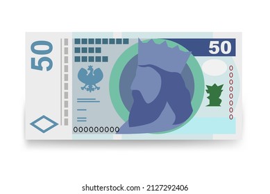 Polnische Zloty-Vektorgrafik. Polen hat Geldpakete für Banknoten zusammengestellt. Papiergeld 50 PLN. Flacher Stil. Einzeln auf weißem Hintergrund. Einfaches minimales Design.