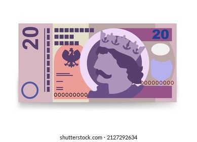 Polnische Zloty-Vektorgrafik. Polen hat Geldpakete für Banknoten zusammengestellt. Papiergeld 20 PLN. Flacher Stil. Einzeln auf weißem Hintergrund. Einfaches minimales Design.