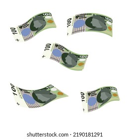 Polnische Zloty-Vektorgrafik. Polen hat Geldpakete für Banknoten zusammengestellt. Falling, Fluggeld 100 PLN. Flacher Stil. Einzeln auf weißem Hintergrund. Einfaches minimales Design.