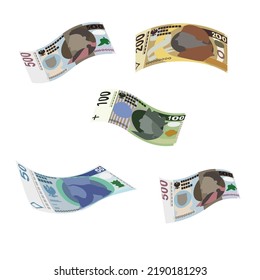 Polish Zloty Vector Illustration. Poland money set bundle banknotes. Falling, flying money 50, 100, 200, 500 PLN. Flat style. Isolated on white background. Simple minimal design.