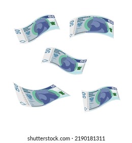 Polish Zloty Vector Illustration. Poland money set bundle banknotes. Falling, flying money 50 PLN. Flat style. Isolated on white background. Simple minimal design.