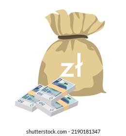 Polish Zloty Vector Illustration. Poland money set bundle banknotes. Money bag 50 PLN. Flat style. Isolated on white background. Simple minimal design.
