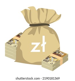 Polish Zloty Vector Illustration. Poland money set bundle banknotes. Money bag 200 PLN. Flat style. Isolated on white background. Simple minimal design.