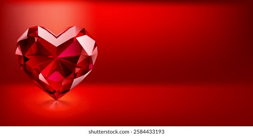 A polished, faceted red heart-shaped gemstone stands out against a soft red gradient background, creating a romantic and elegant atmosphere.