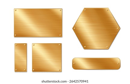 Placas de metal de ouro polido com detalhes de parafuso - coleção de etiquetas de luxo em várias formas para marca premium, placas de prêmio e sinalização elegante com textura dourada escovada em fundo branco.