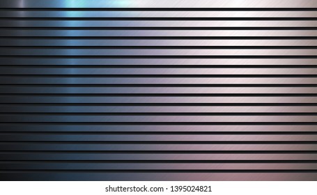 Polished Metal Background Template. Metallic Groove Texture. Aluminum Textured Surface Backdrop. Technology Industrial Abstract Brushed Print. Vector Illustration. Ribbed Plate With Color Light Reflex