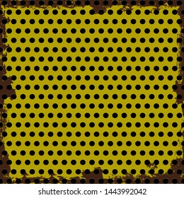 polished metal banner on yellow steel perforated, rust on edge rustic yellow metal. Rust and corrosion on yellow plate for decoration or background design concept