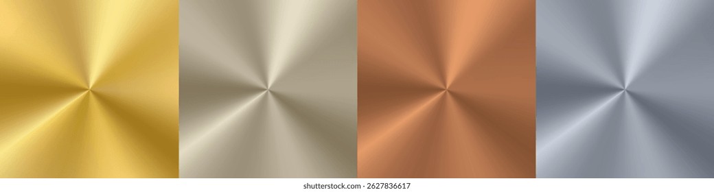 Polished metal radial gradient palette. Silver gold color circle effect. Holographic steel texture background. Chrome platinum finish vector foil. Bronze aluminum circular brushed plate surface sheet