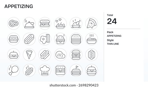 Un paquete pulido de 24 íconos de líneas finas que representan apetitoso, ideal para Equipos de productos.