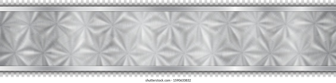 Polished plate in silver colors with circular metal texture, glares and shiny edges. With shadow on transparent background