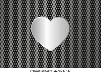 Polished steel metal heart shape plate on Dark grid background steel metal texture surface. copy space svg