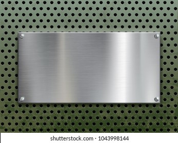 Polished steel plate with screws on a perforated metal wall with holes. Industrial background. Stock vector illustration.