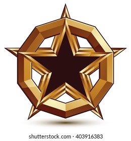 Polished vector template with pentagonal star, dimensional. Majestic star with black filling and golden borders placed in a glossy ring.