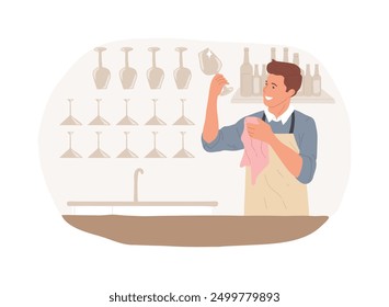 Polishing glasses isolated cartoon vector illustrations. Smiling barman polishing glasses in restaurant, service sector, horeca industry, professional people, cleaning process vector cartoon.