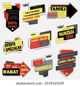 Polish-Language Promotional Vectors of sale, discount, free shipping, special offer, this week only, today only, order today, get it tomorrow, order online, one day shipping, big sale, mega sale