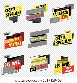 Polish-Language Vector Illustrations of sale, discount, free shipping, special offer, this week only, today only, order today, get it tomorrow, order online, one day shipping, big sale, mega sale