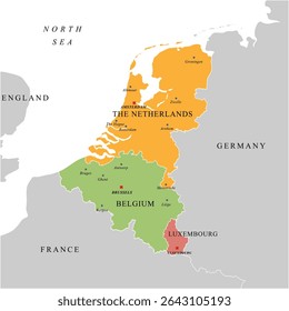 Politcal Map of the Benelux Region with outlines countries The Netherlands, Belgium, Luxembourg with Capitals and Major Cities and Surrounding Countries, France, Germany, England and the North Sea.