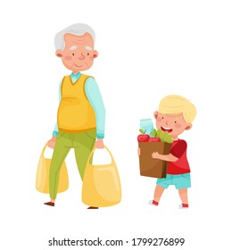 Polite Boy Carrying Shopping Bag Helping Senior Man Vector Illustration