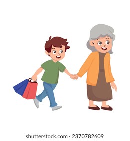 Polite Boy Carrying Shopping Bag Helping Senior Woman Vector Illustration