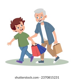 Polite Boy Carrying Shopping Bag Helping Senior Man Vector Illustration.