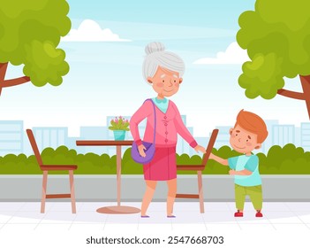 Polite Boy Character Give Seat to Senior Woman Having Good Manners Vector Illustration
